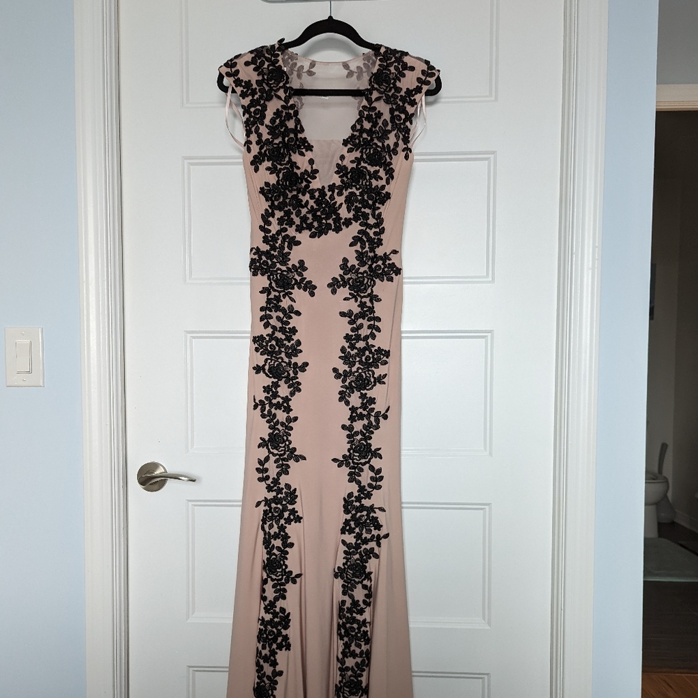 Betsy & Adam blush and black lace gown, BNWT